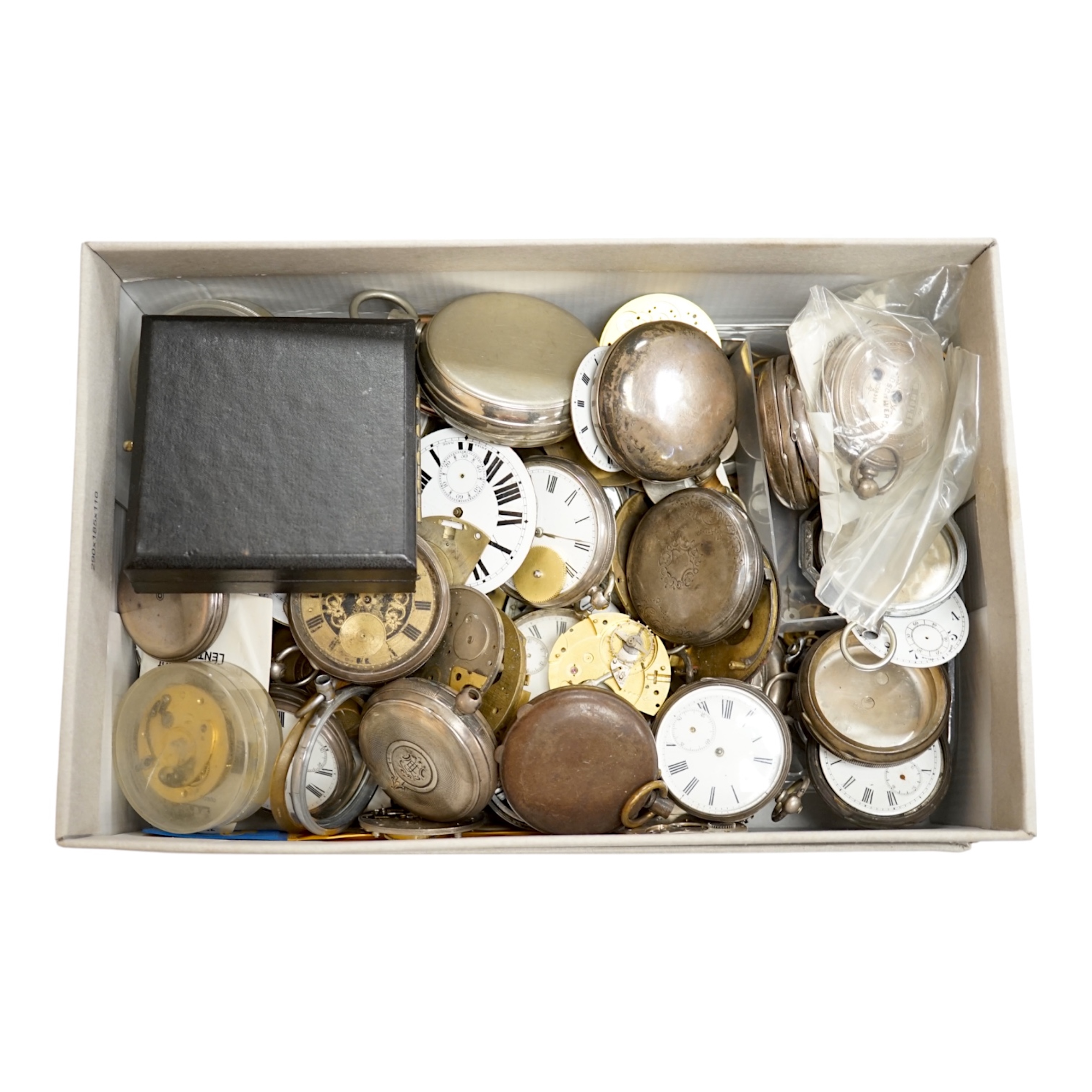 A collection of pocket watch cases (some silver), movements, dials and parts. Condition - poor